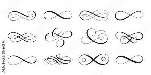 Collection of elegant thin line calligraphy flourishes and infinity loop symbols for decoration.