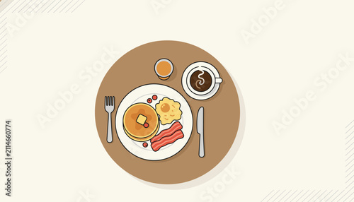 Delicious breakfast serving with pancakes, bacon, scrambled eggs, hot coffee, and orange juice, top view flat design.