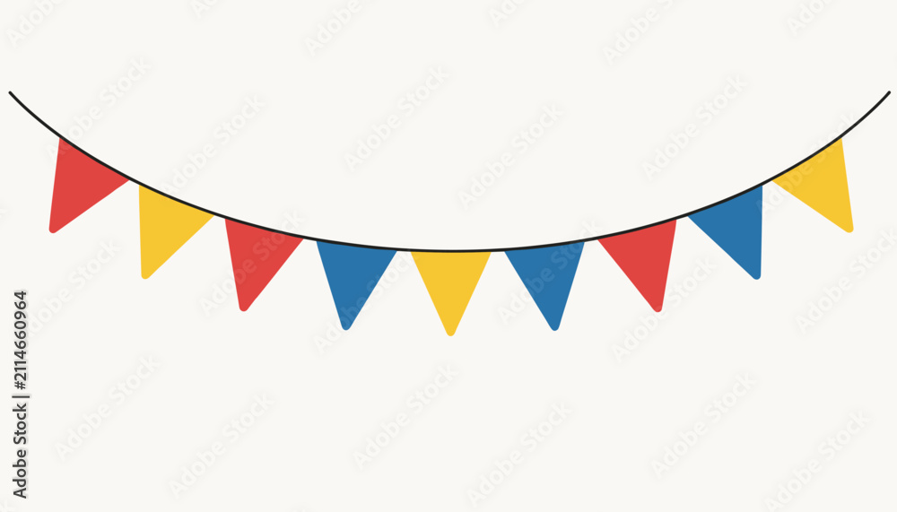 Obraz premium Colorful party garland with red, yellow, and blue triangular bunting flags hanging on a thin curved string.