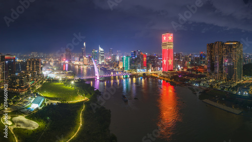 фотографія HO CHI MINH CITY, VIETNAM: Aerial view of Ba Son bridge and city center skyline