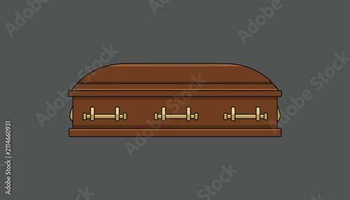 Solid brown wooden coffin with golden handles and fixtures, viewed from the side against a solid dark grey background.