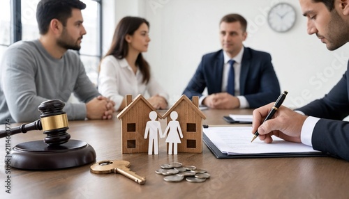 A legal professional meeting with a couple regarding a property division, illustrated with two small house models, a paper couple figure, a key, and coins on a wooden desk.
