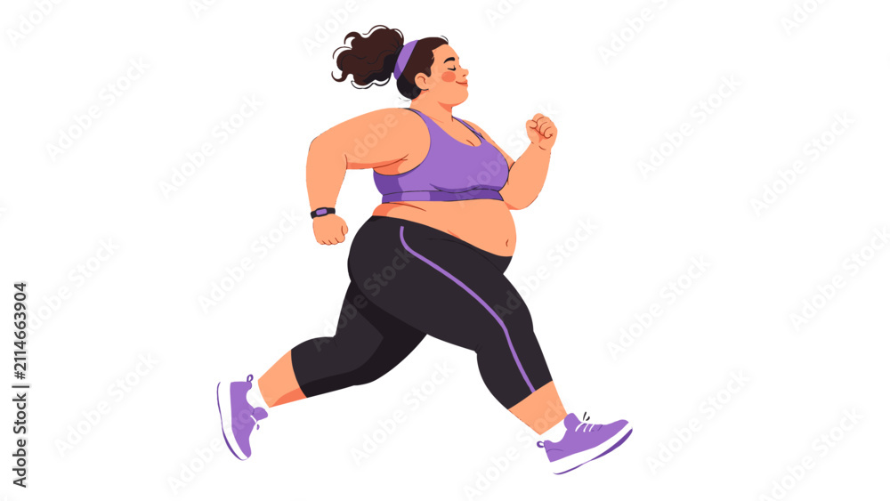 Fototapeta premium Curvy woman jogging in purple sportswear illustration