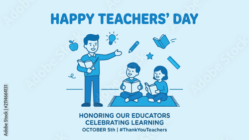 Teacher And Students Illustration Line Art Style With Light Blue Background