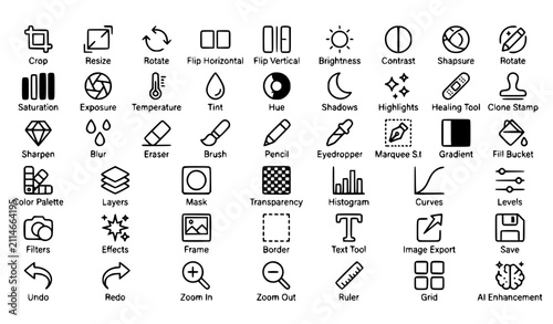Photo Editing Tools Thin Line Icons Set Modern Image Editor Outline Vector Collection