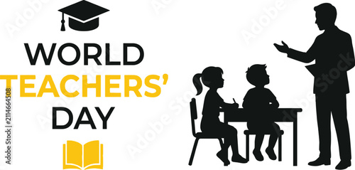 Teacher And Students Silhouette With Academic Symbols Black On White
