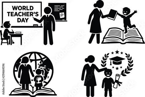 Teacher student silhouettes with educational elements black and white vector illustration