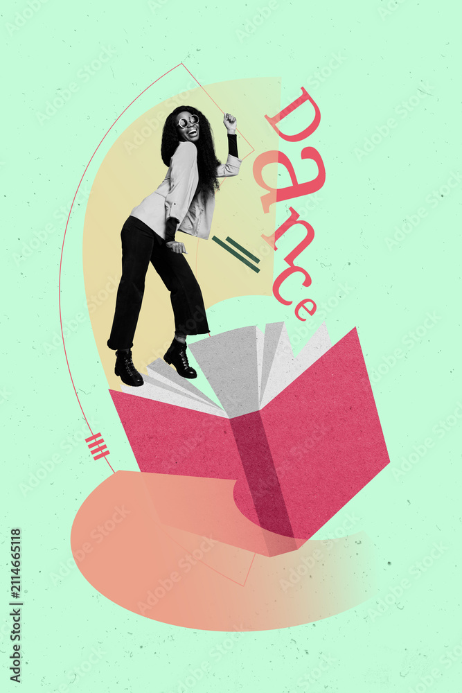 Fototapeta premium Sketch vertical photo collage of happy girl dance open book bookworm hobby entertainment student plot reader novel genre