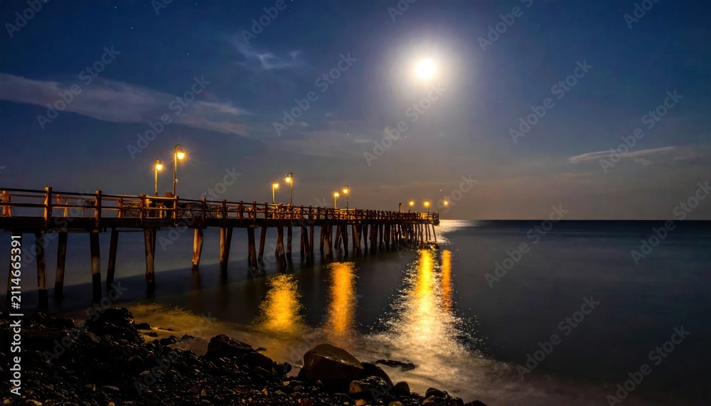 Fototapeta premium Coastal dock at night under full moonlight.