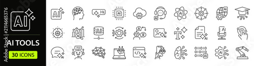Artificial intelligence Web Icon Set in Linear Style. Collection of Machine learning line icon, including aI tools, smart assistant, algorithm, digital AI technology, neural network, data processing
