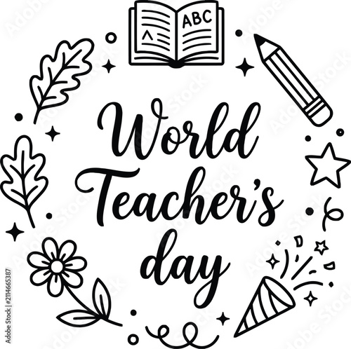 Floral ornament with school supplies black and white vector illustration
