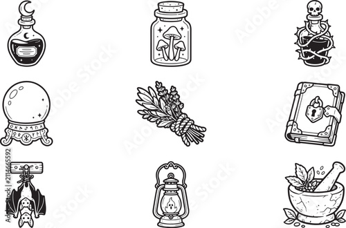 Bild auf Leinwand Mystical witchcraft icons set, hand drawn magic potion bottles and occult symbol