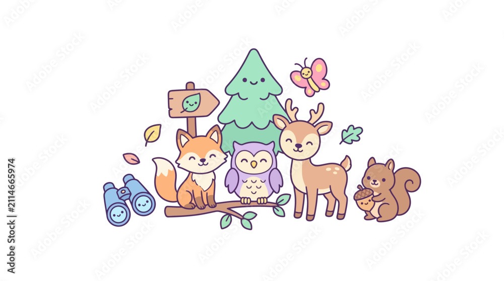 Fototapeta premium Kawaii forest animals and nature scene.