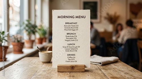 Morning Menu Displayed on Wooden Table in Cafe with Blurred Background of Patrons