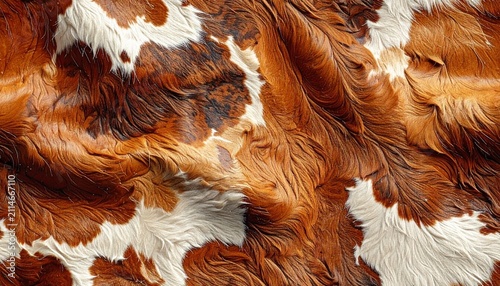 Realistic cow hide texture with natural brown and white spots, seamless leather grain pattern