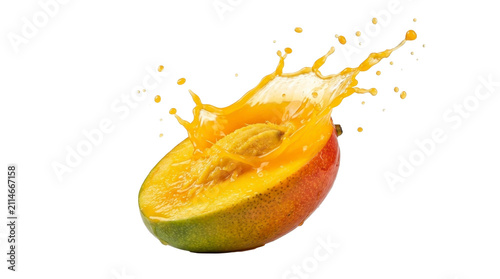 Fresh mango slice with delicious juice splash on a transparent background PNG file
