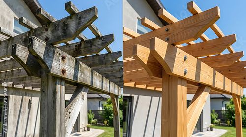 Comparative view of weathered gray and newly treated light wood pergolas installed outdoors in a sunny setting with residential