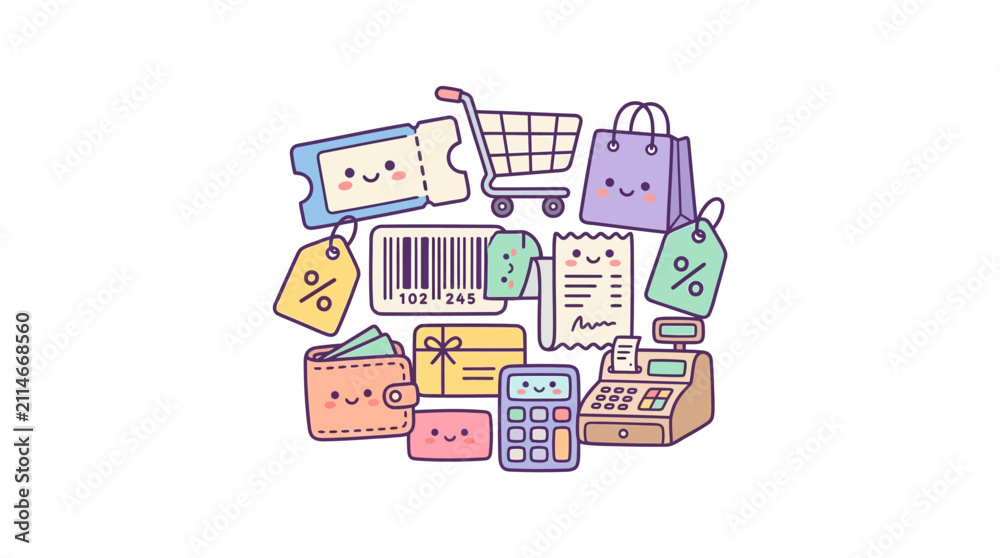 Fototapeta premium Kawaii retail shopping illustration with cart, bag, and register.