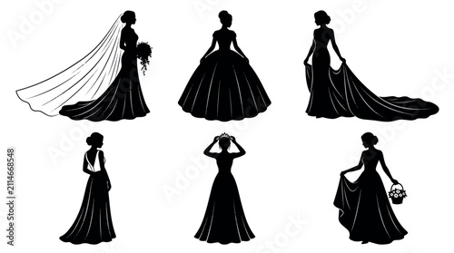 Фотография Elegant Wedding Bride Silhouettes Set, Wedding Dress Vector Icons, Bridal gown fashion silhouettes for marriage invitations and boutique, bride, silhouette, wedding, dress, bridal, gown, marriage