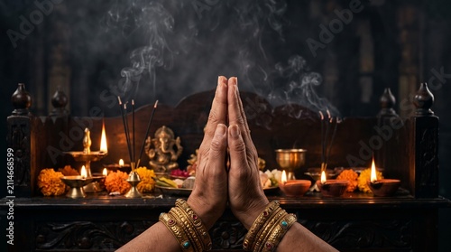 Diwali Celebration Hands Praying Before Altar with Diyas Incense and Ganesha Statue