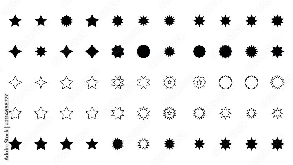 Fototapeta premium Set of stars and geometric shapes in silhouette and outline styles.