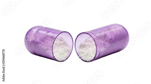Open medicine capsule with white powder inside on a transparent background PNG file