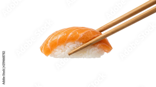 Salmon Nigiri Sushi Held With Wooden Chopsticks PNG File On A Transparent Background