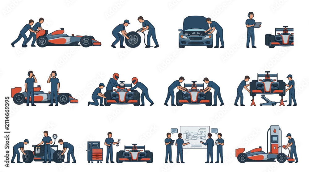 Fototapeta premium Formula 1 Pit Stop Crew Working on Race Cars and Equipment.
