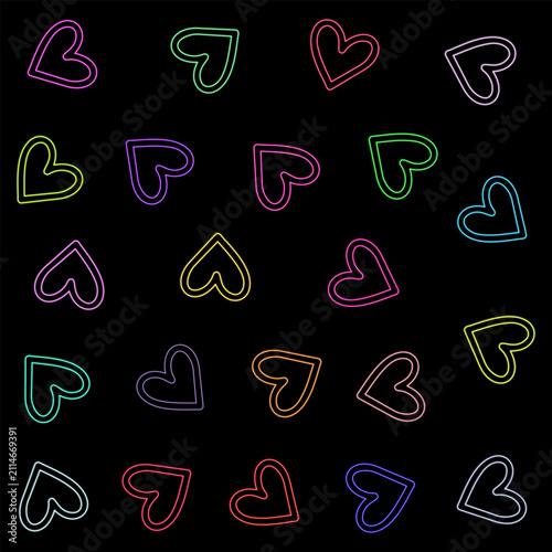 Colorful Neon Heart Outline Icons Set Isolated on Black Background