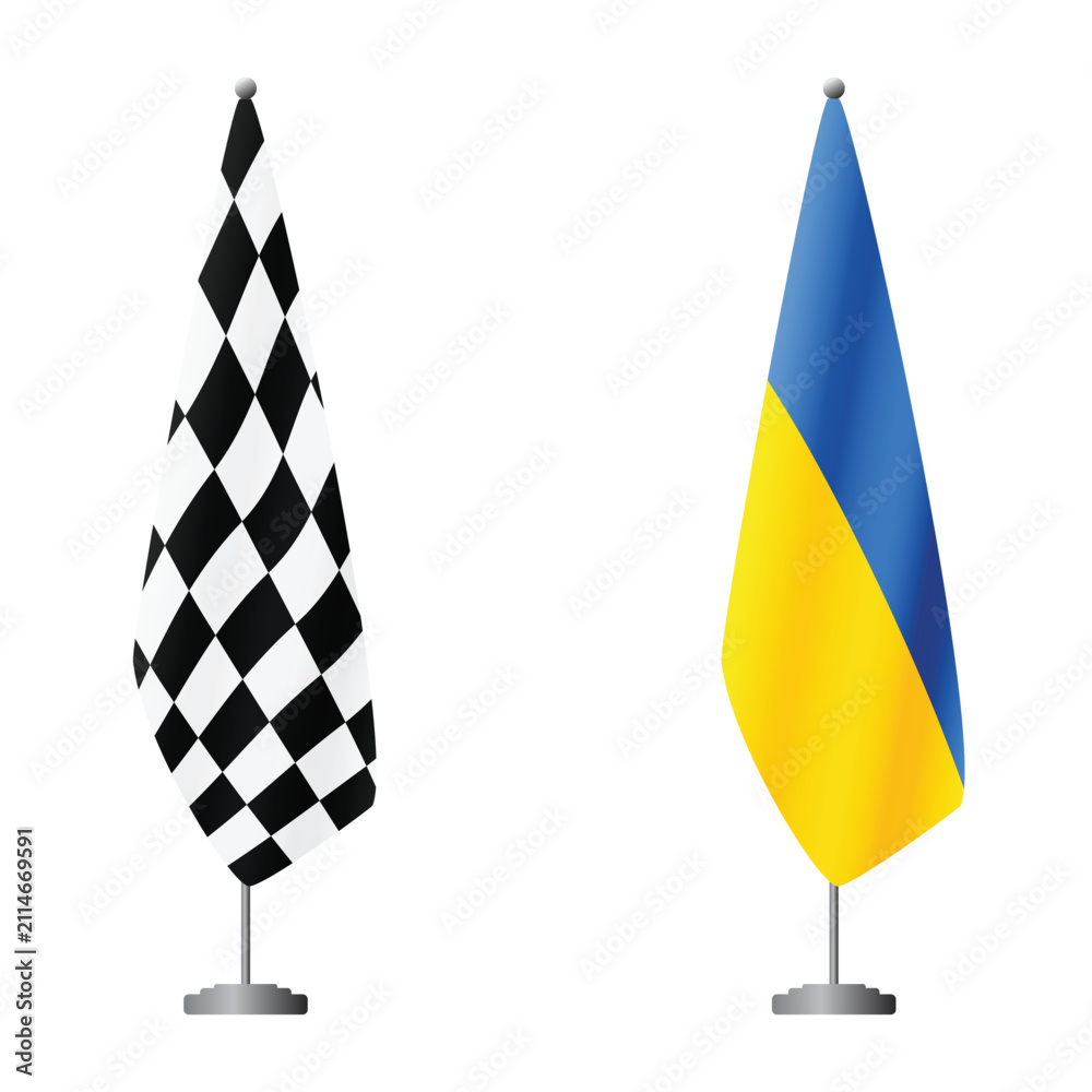 Fototapeta premium Checkered and Ukraine flags on flagpoles for official ceremonies and meetings, transparent background vector