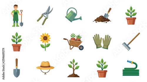 Принти на полотні Gardening tools and supplies collection for planting and cultivation