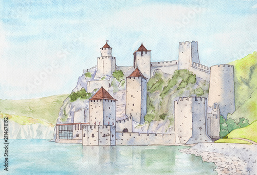 Watercolor painting of Golubac Fortress on the Danube River in Serbia. Historic medieval castle with stone towers overlooking the river, capturing the timeless beauty of one of the country's most icon