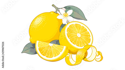 Fresh lemon fruits with slice, peel and blossom illustration