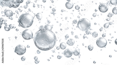 Clear water bubbles rising underwater in various sizes creating transparent sparkling texture pattern closeup on white background