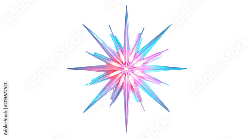 Glowing crystal star burst with pink blue neon spikes radiating light in vibrant abstract explosion design on white background