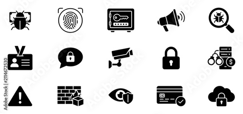 Set of cybersecurity and data protection icons including bug, fingerprint, safe, megaphone, magnifying glass, id card, chat lock, cctv, padlock, database crime, warning on transparent background