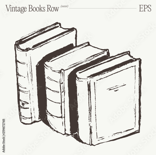 Row Of Standing Vintage Books, Hand Drawn Sketch Illustration
