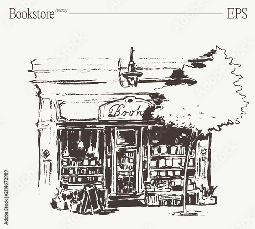 Bookstore Front Under Tree Shade, Hand Drawn Sketch Illustration