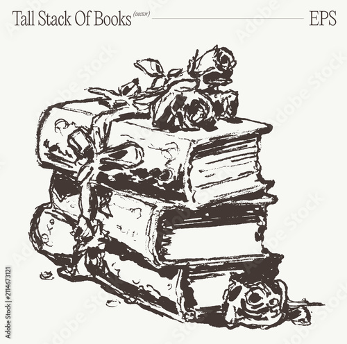 Tall Stack Of Books With Apples And Leaves, Hand Drawn Sketch Illustration