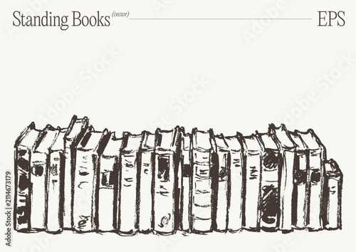 Long Row Of Standing Vintage Books, Hand Drawn Sketch Illustration