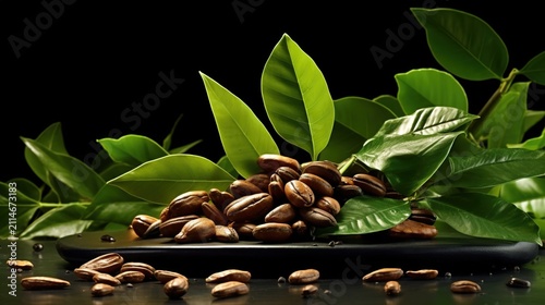 Tonka beans with fresh green leaves. Organic aromatic seeds for culinary and cosmetic use.