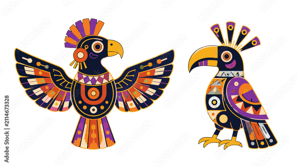 Obraz premium Colorful geometric tropical bird vector set on white background