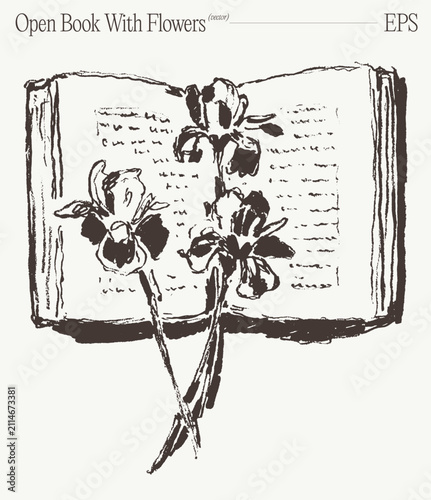 Open Book With Delicate Flower Stem On Pages, Hand Drawn Sketch Illustration