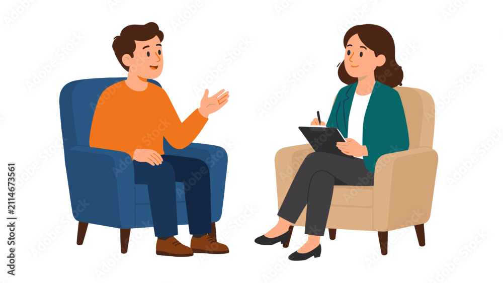 Fototapeta premium Man talking with woman taking notes in armchairs