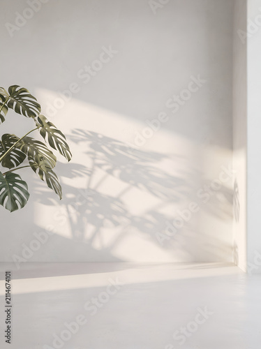 Minimalist monstera plant shadow on white wall summer background