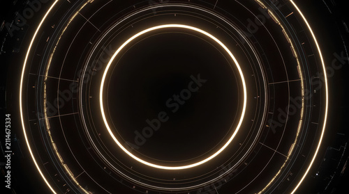 Futuristic glowing concentric ring portal with dark center and warm light accents