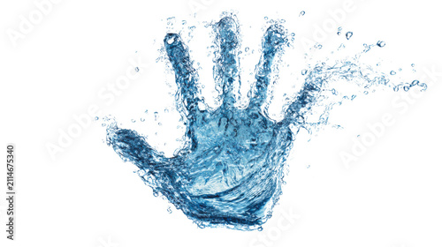 Dynamic blue water splash forming shape of human hand with five fingers spraying clear droplets in dramatic motion closeup on white background