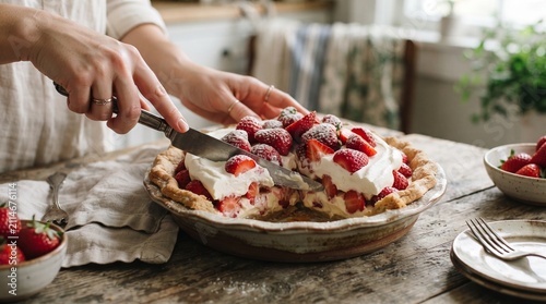 Hands Slicing Fresh Strawberry Cream Pie Kitchen
