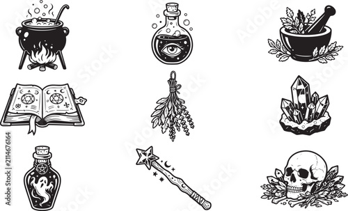Witchcraft and alchemy icons set, mystical occult symbols in hand drawn vintage style, 9 magic vector elements for halloween and esoteric design