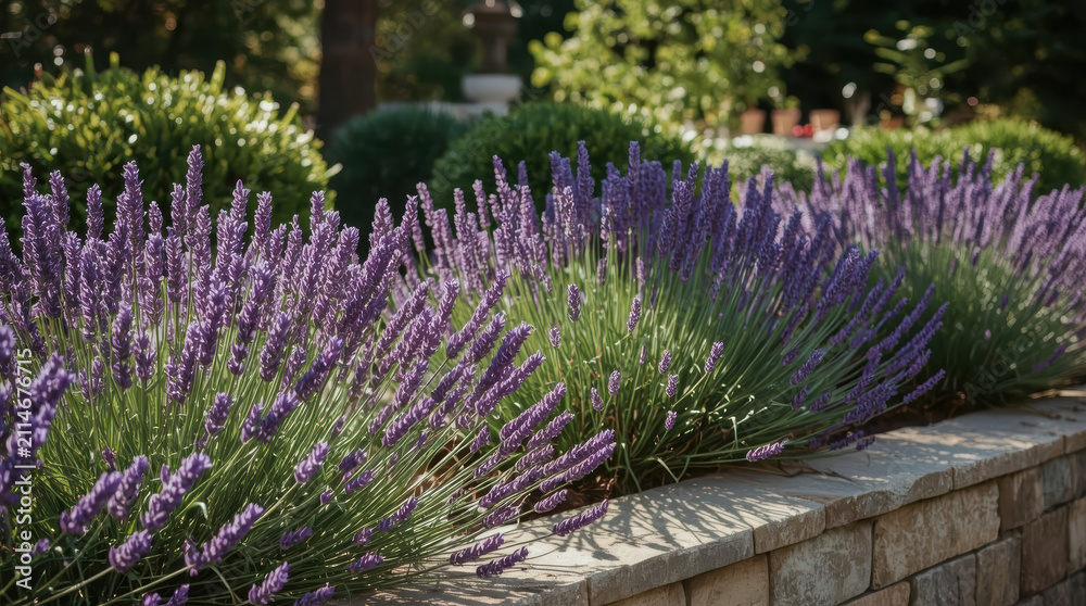 Obraz premium Lavender bushes bloom along sunlit stone garden wall, fragrant and serene in late summer